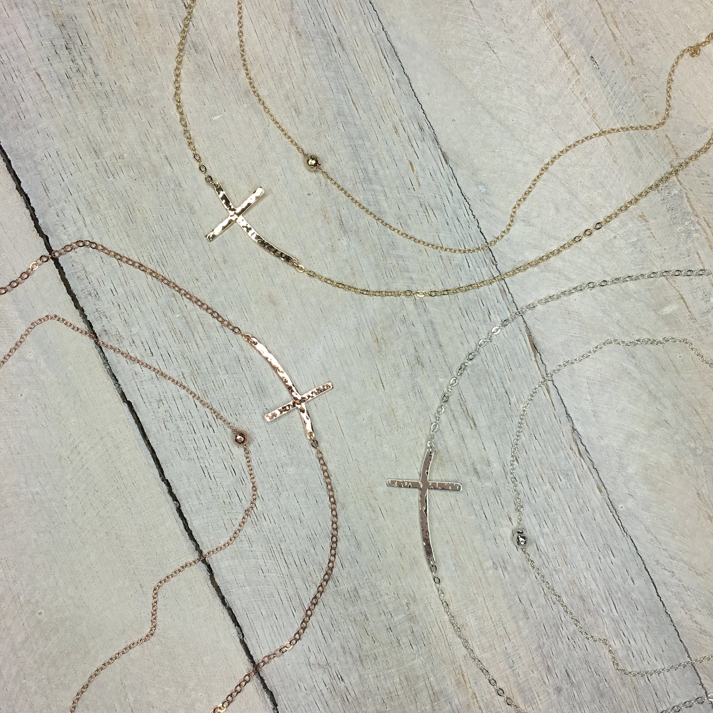 Hammered Curved Sideways Cross Necklace Set