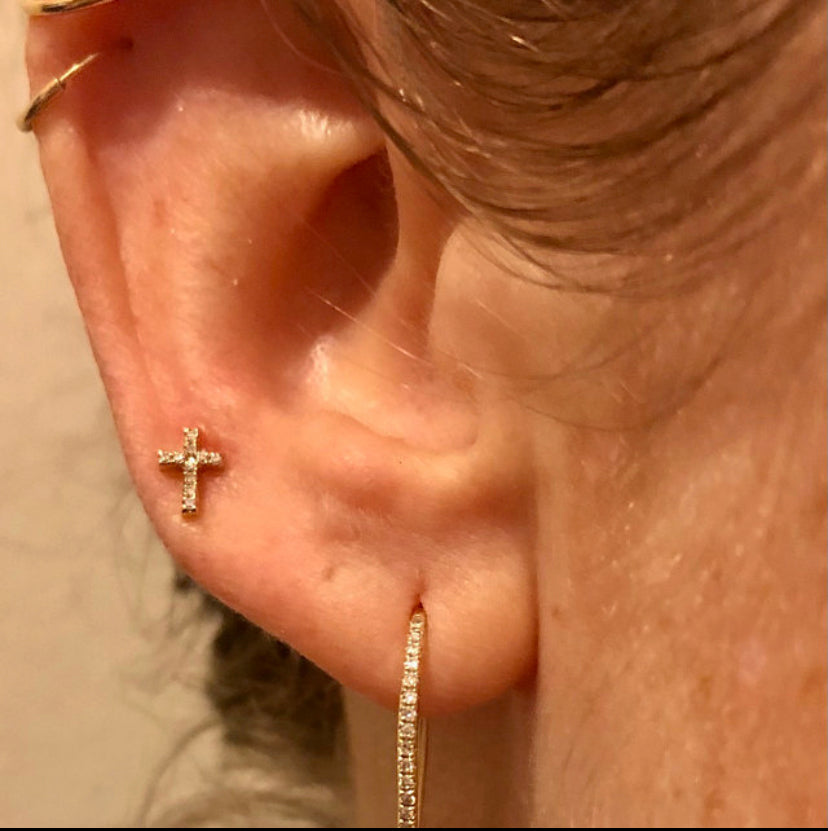 14K Diamond Tiny Cross Studs