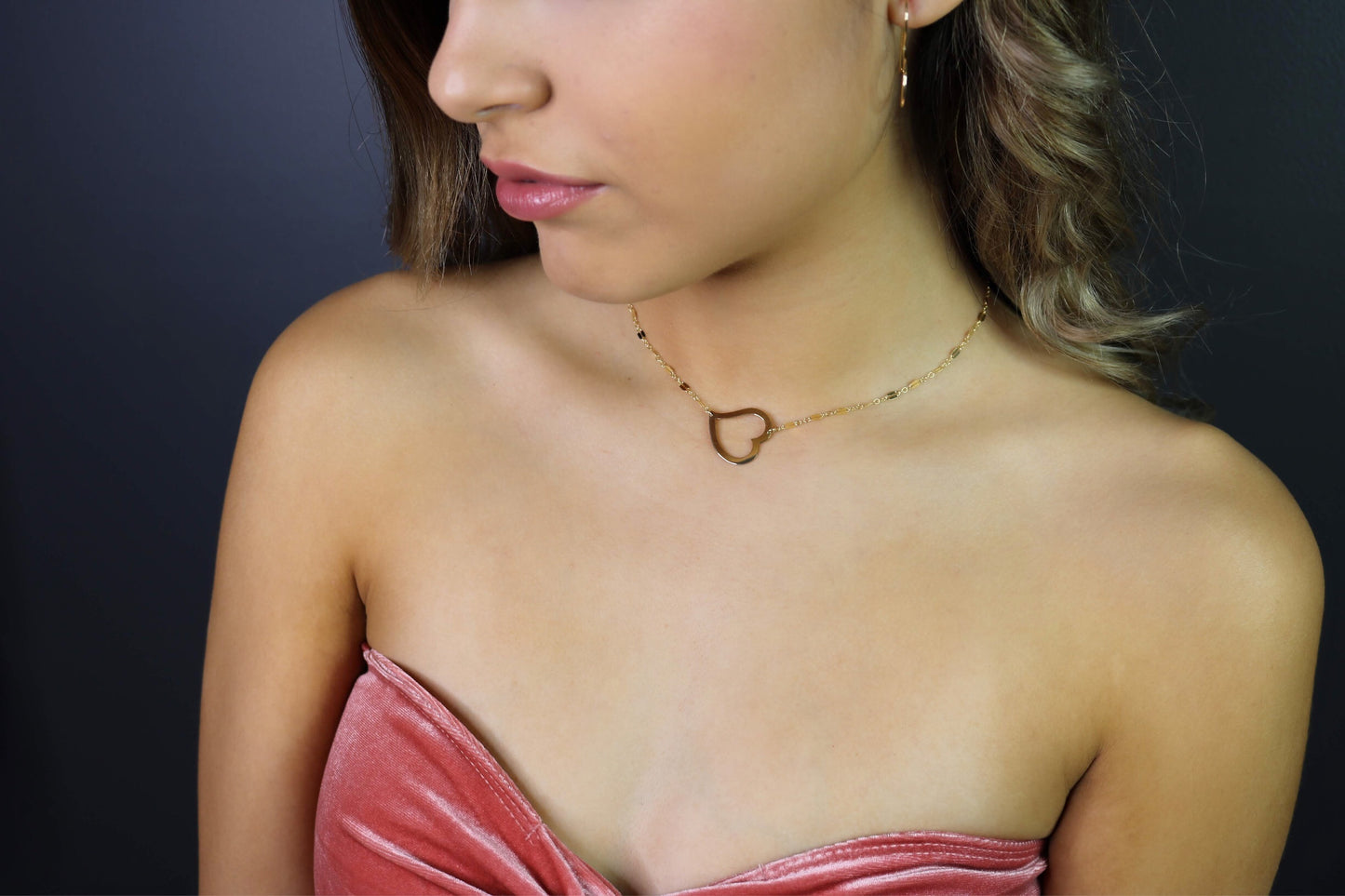 Open Heart Necklace | Tilted Large Heart Pendant | Mirror Bar Chain