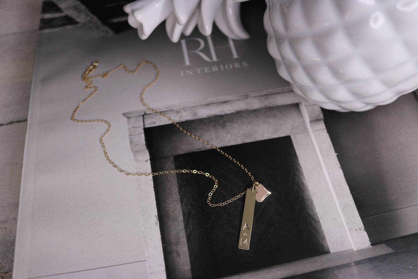 Engraved Vertical Bar Necklace with Heart Charm | Solid 14K Gold | Personalized Fine Jewelry Gift