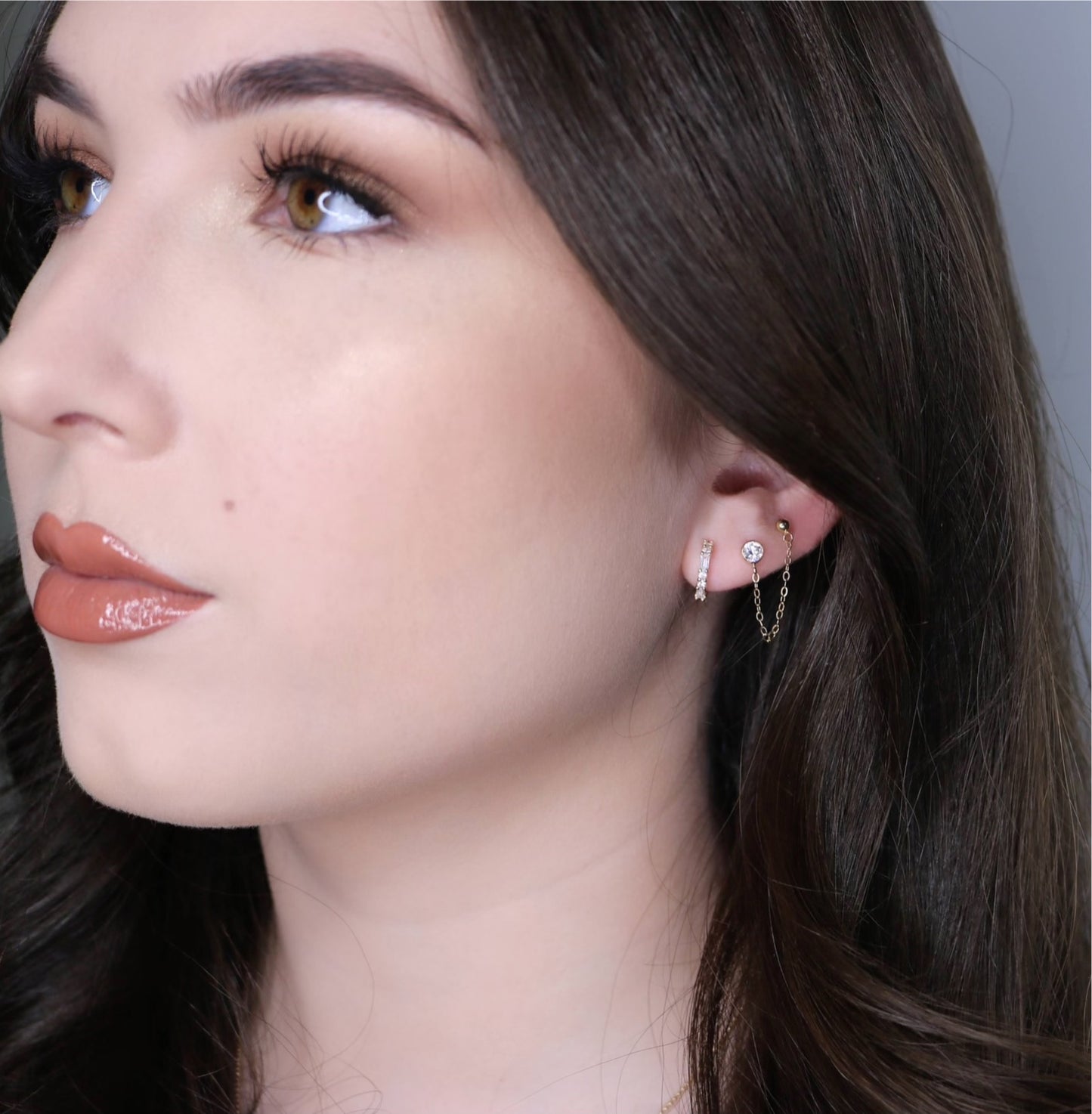 14K CZ & Ball Stud Handcuff Earrings | Double Piercing Gold Earrings | Chain Linked Studs