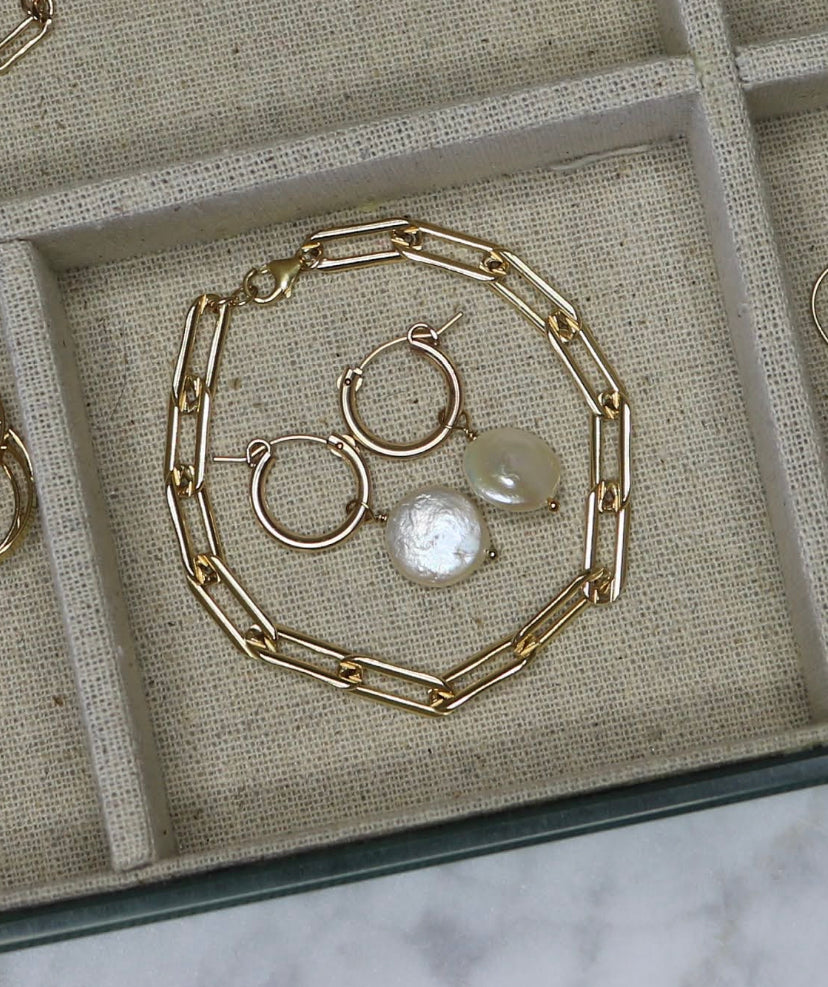 Coin Pearl Hoop Earrings | 14K Gold Filled or Sterling Silver | Dainty Pearl Hoops