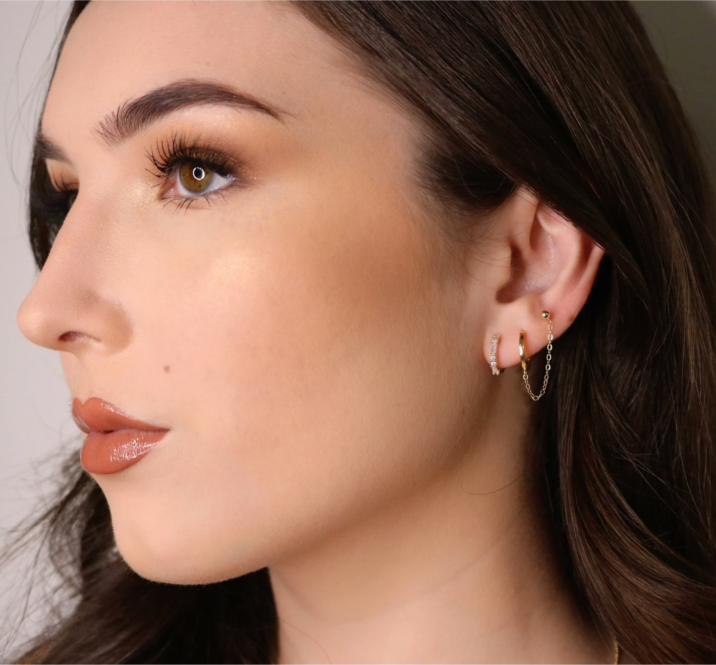 14K Gold Round & Baguette CZ Hoop Earrings | Pair