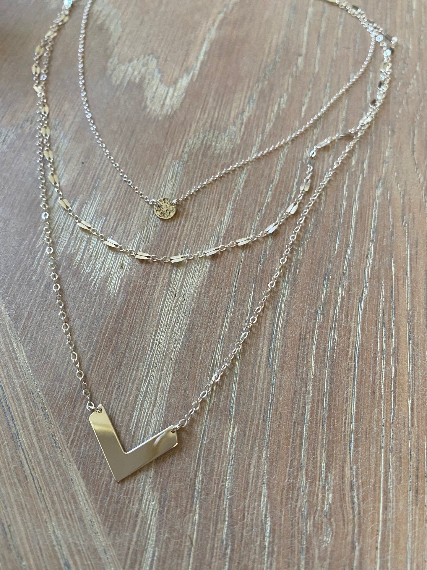 Set of 3 Layering Necklaces | Tiny Hammered Disc, Lace Chain & Chevron Layers