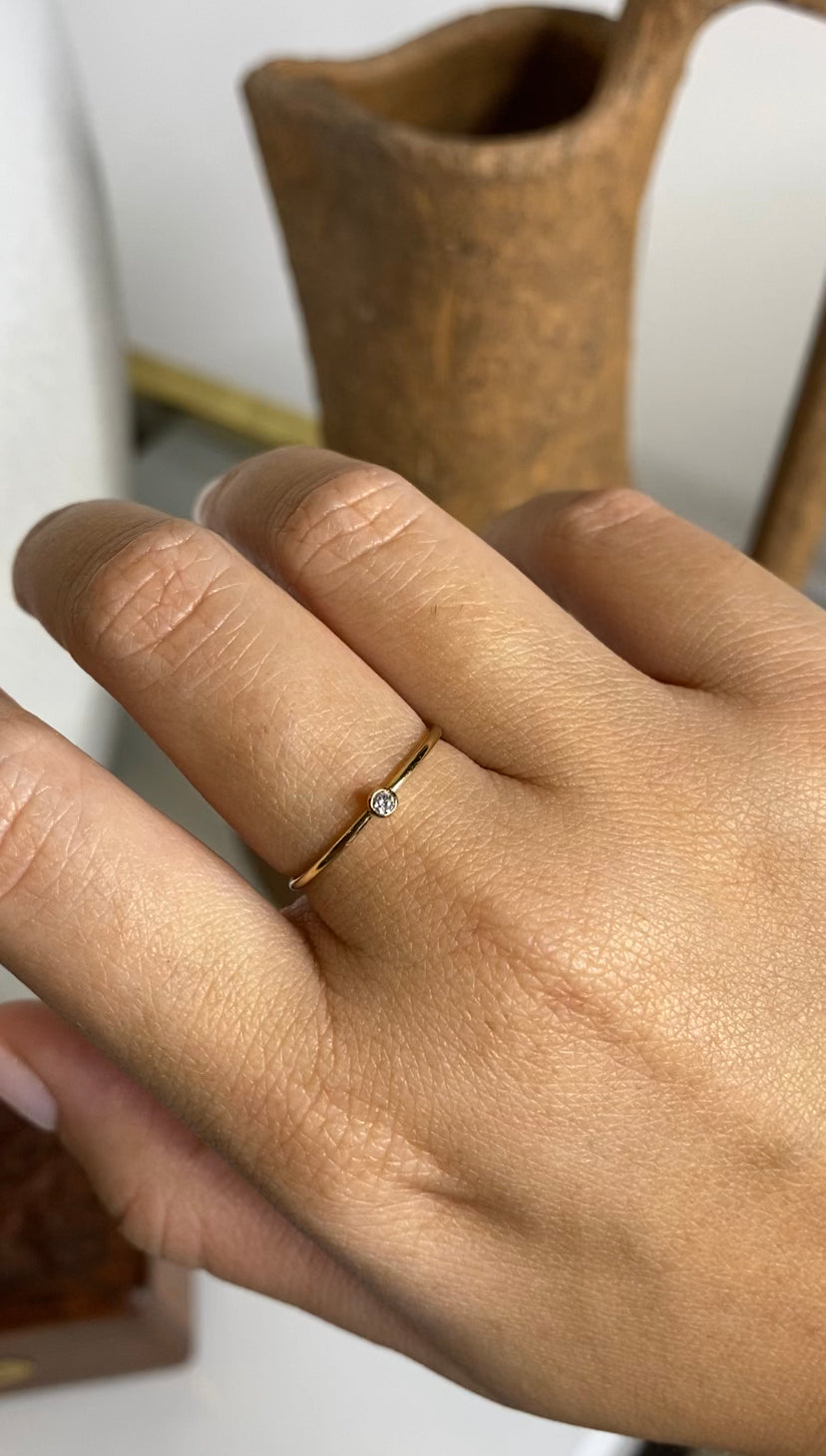 14K Stack Ring | 14K Solid Gold Dainty Ring with Tiny CZ