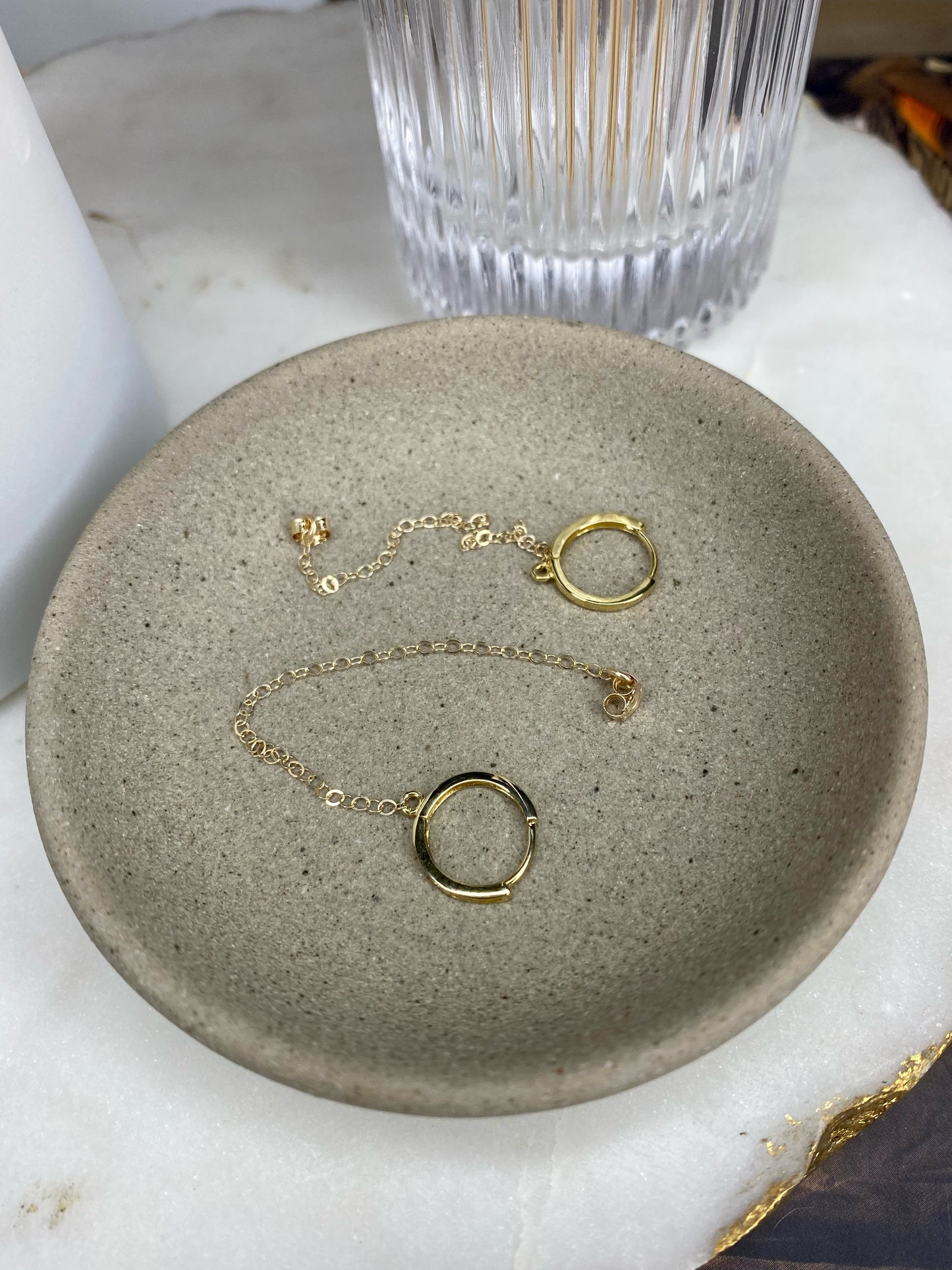 14K Solid Gold Mini Huggie Hoop with Chain | Connector Earring for Ear Stack