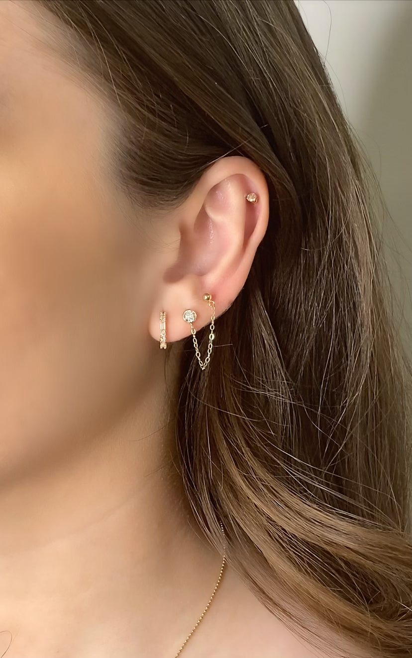 14K Gold Round & Baguette CZ Hoop Earrings | Pair