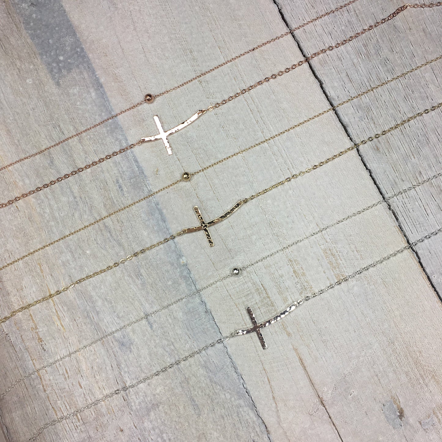 Hammered Curved Sideways Cross Necklace Set