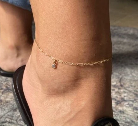 CZ Drop Anklet on Textured 3+1 Chain | Dainty Chain Anklet