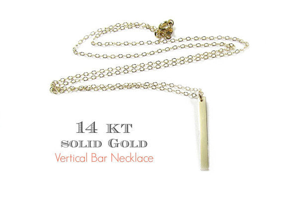 14K Gold Skinny Vertical Bar Pendant | Engravable Necklace