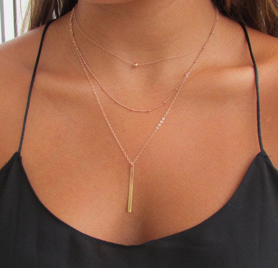 Set of 3 Layering Necklaces- Tiny Hammered Bead Necklace, Beaded Satellite Chain Necklace and Vertical Polished Bar Necklace