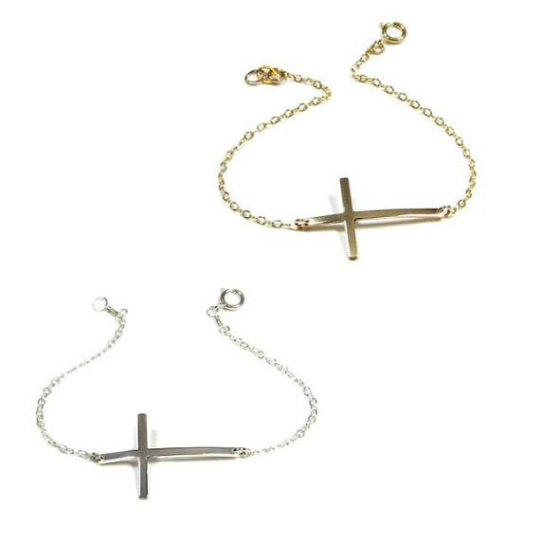 Skinny Sideways Cross Bracelet | Hammered or Polished