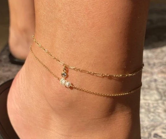 CZ Drop Anklet on Textured 3+1 Chain | Dainty Chain Anklet