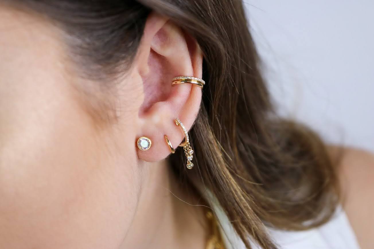 14K Gold Diamond Huggie Hoop Earrings | Shaker Style Cascading Diamond Drops