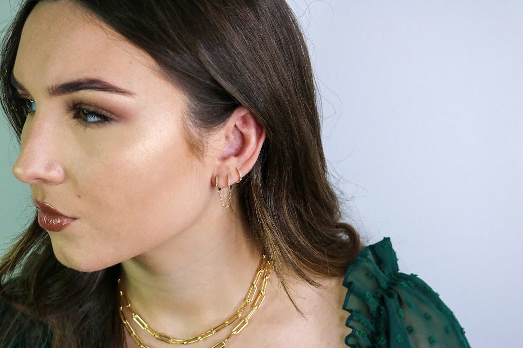 14K Diamond Huggie Chain Earrings