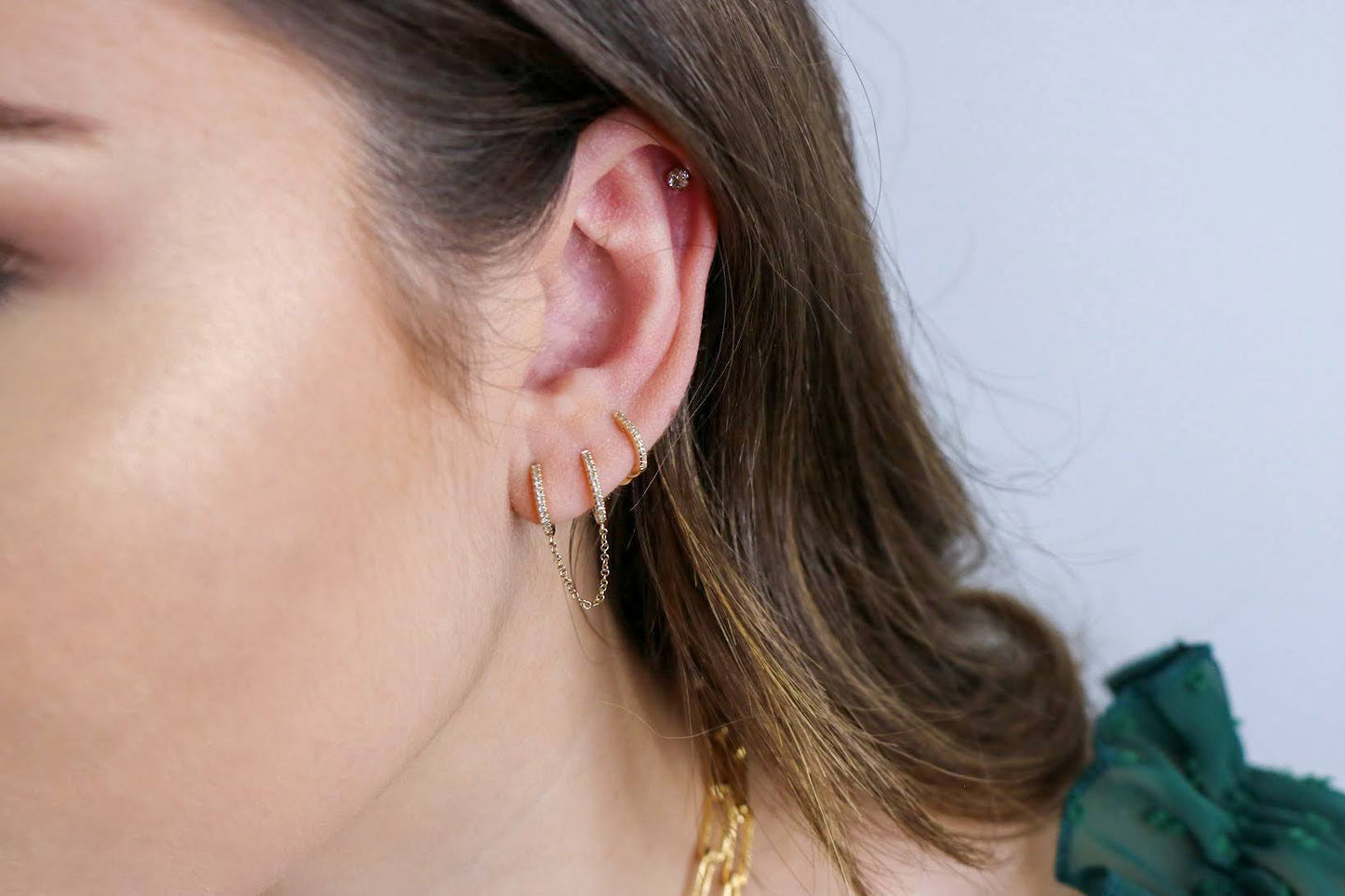 14K Diamond Huggie Chain Earrings