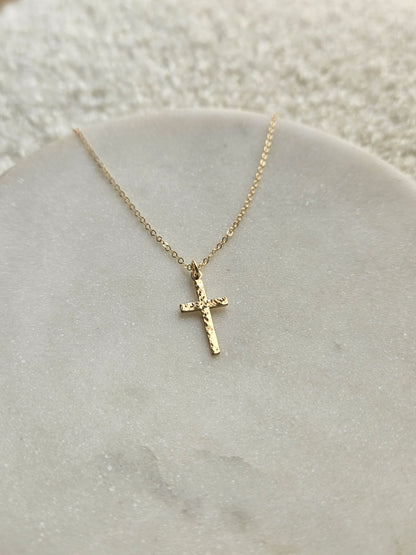 Hammered Cross Necklace | Dainty Vertical Cross Pendant
