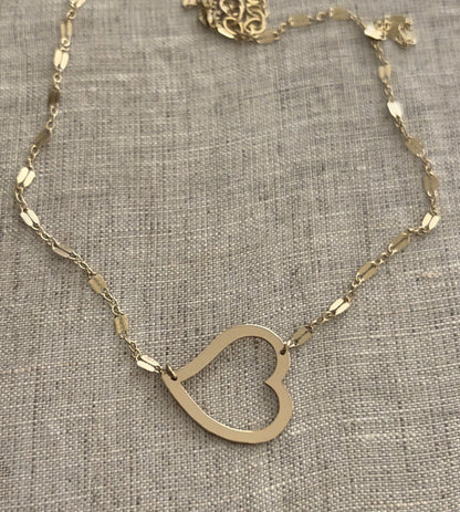 Open Heart Necklace | Tilted Large Heart Pendant | Mirror Bar Chain