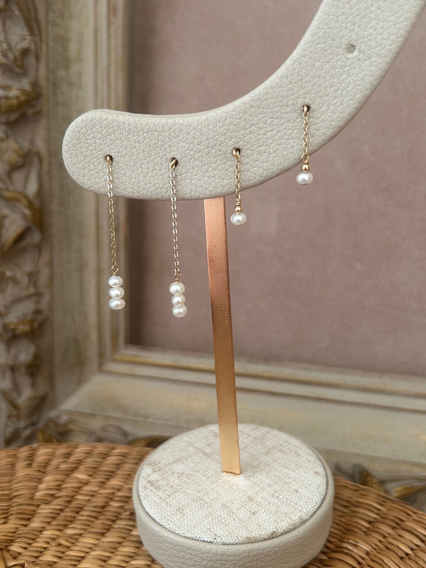 Floating Chain Pearl Earrings | White or Mauve Beige Pearls | Gold Filled or Sterling Silver