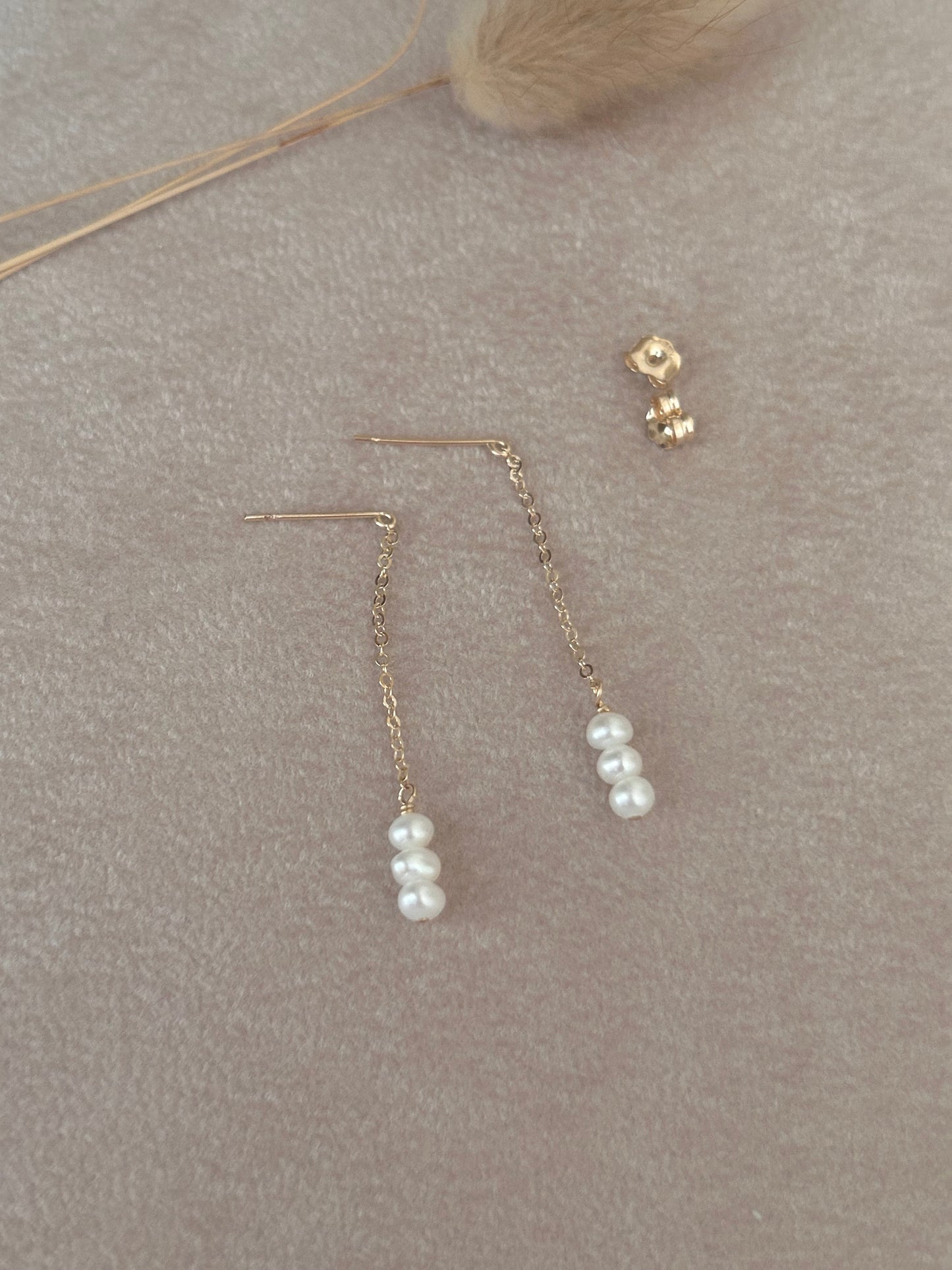 Floating Chain Pearl Earrings | White or Mauve Beige Pearls | Gold Filled or Sterling Silver