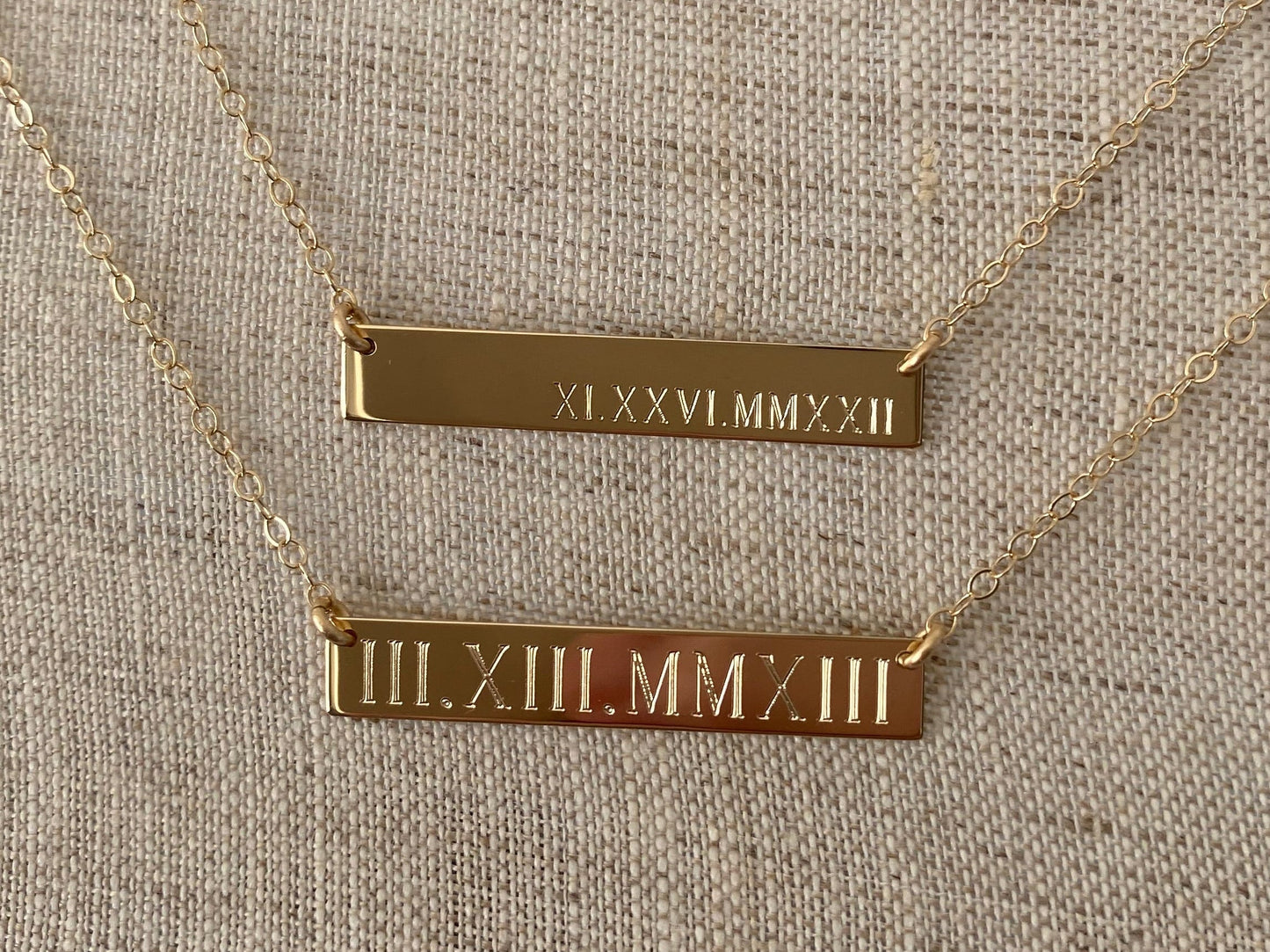 Engraved Roman Numeral Date Bar Necklace | Personalized Gold, Rose Gold & Silver Necklace