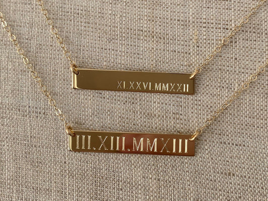 14K Solid Gold Roman Numeral Personalized Bar Necklace | Custom Engraved Date Pendant