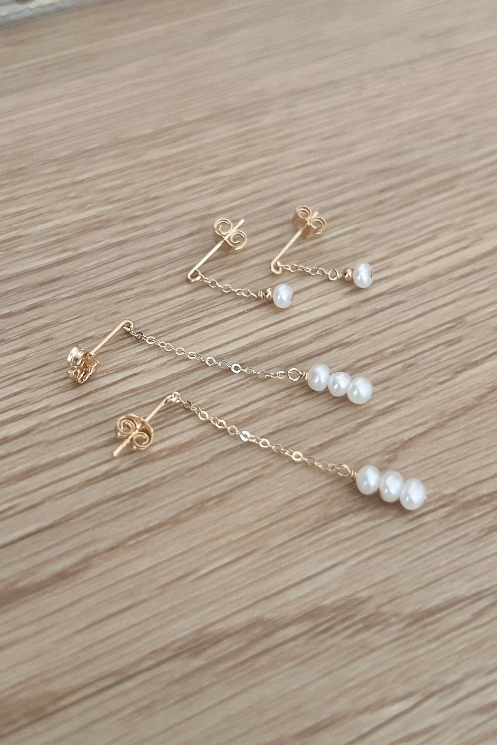 Floating Chain Pearl Earrings | White or Mauve Beige Pearls | Gold Filled or Sterling Silver