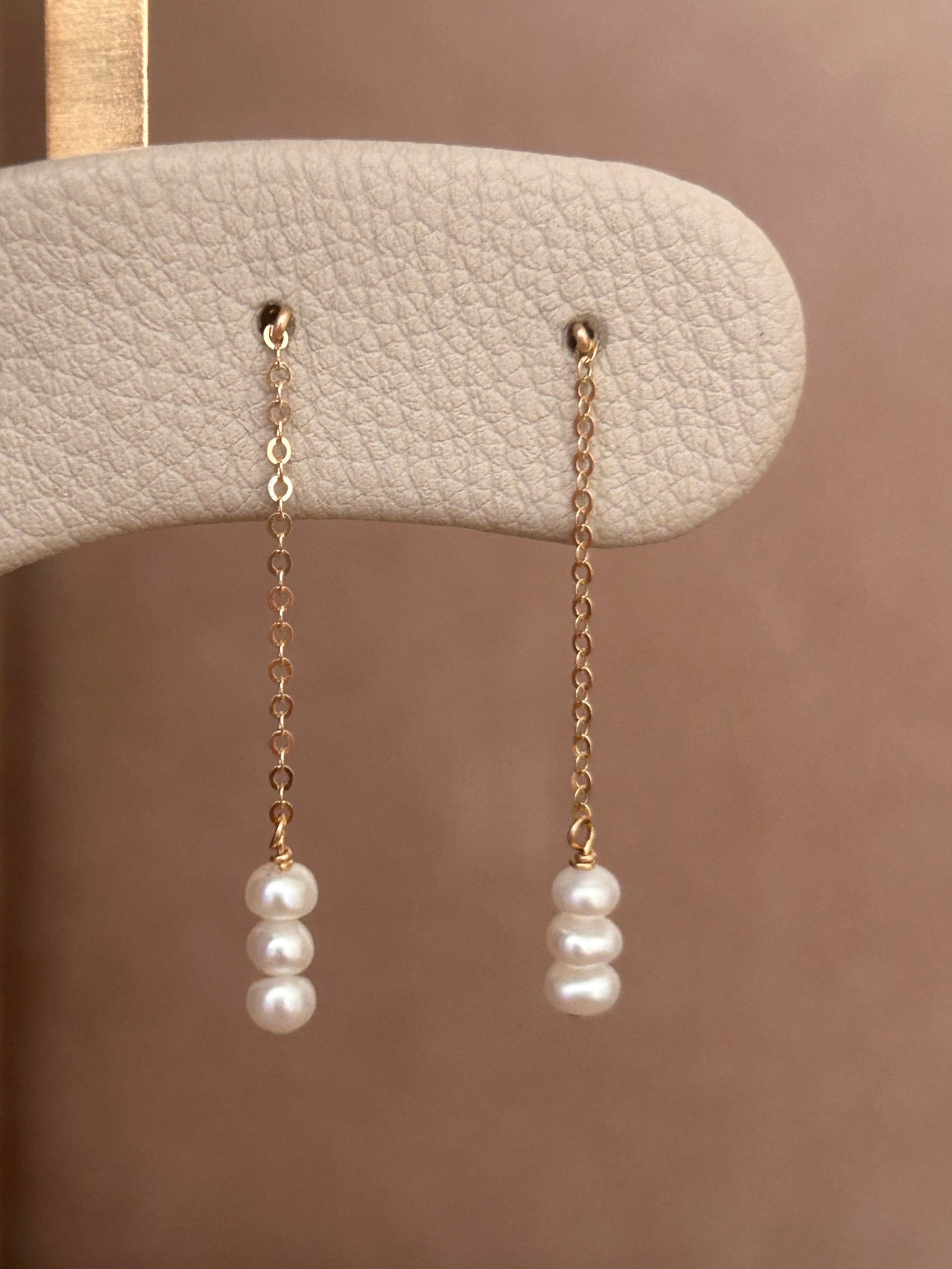Floating Chain Pearl Earrings | White or Mauve Beige Pearls | Gold Filled or Sterling Silver