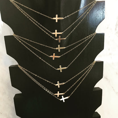Tiny Sideways Cross Necklace | 3 Metal Finishes