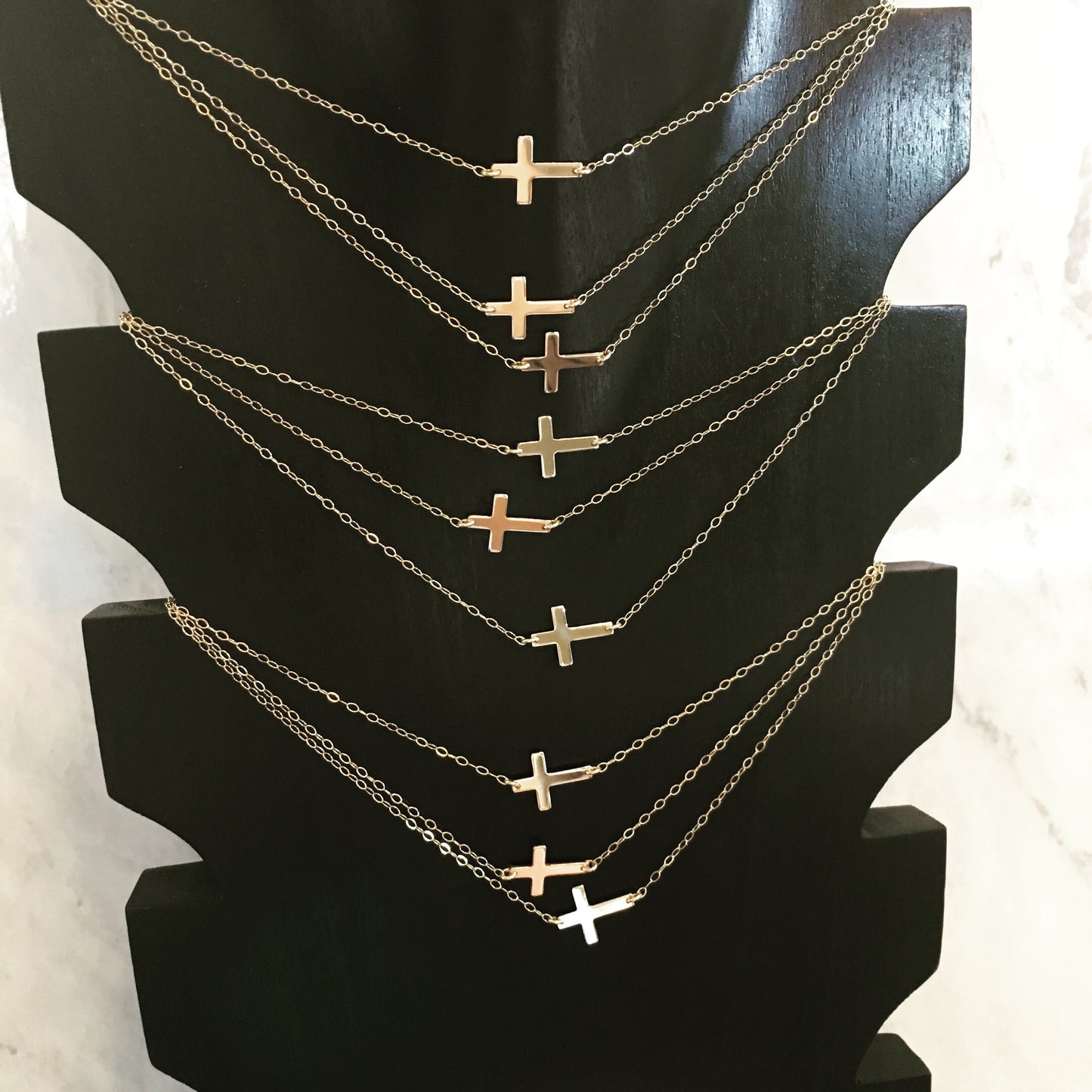 Tiny Sideways Cross Necklace | 3 Metal Finishes