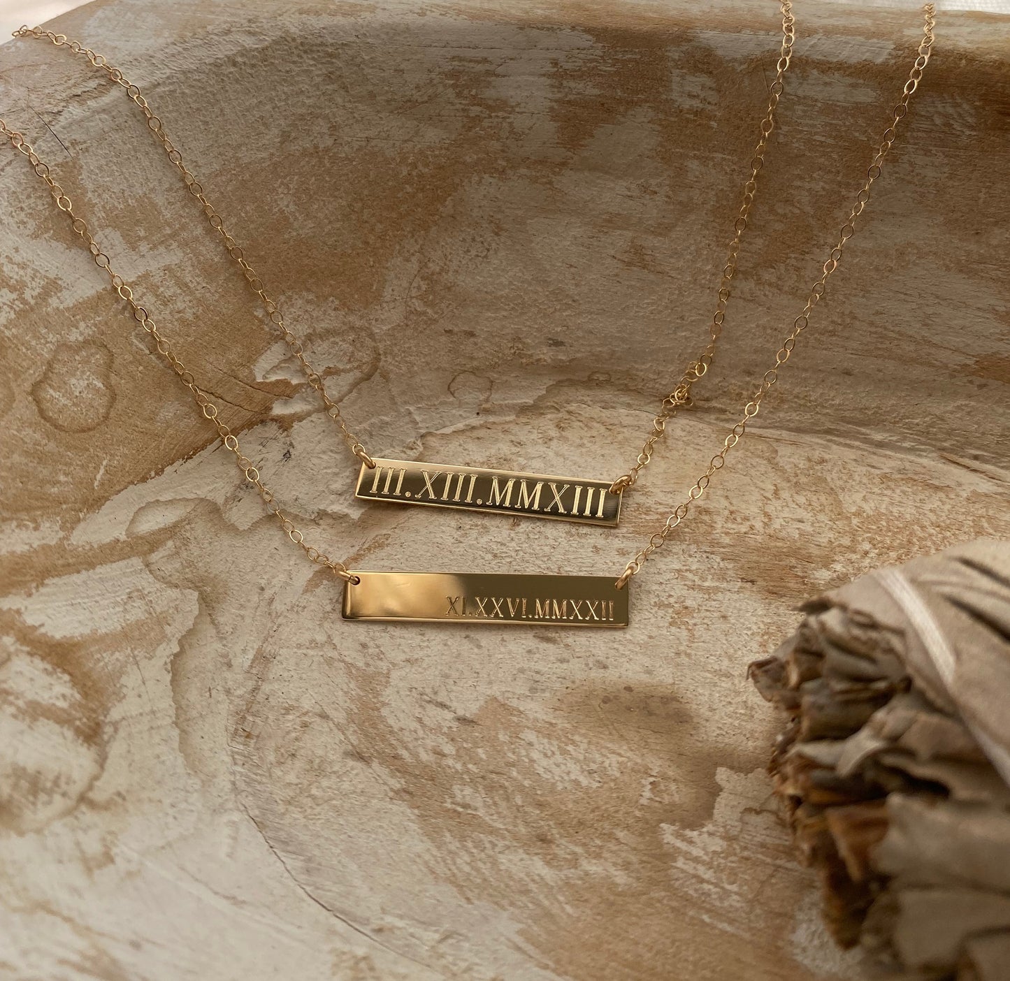 Engraved Roman Numeral Date Bar Necklace | Personalized Gold, Rose Gold & Silver Necklace