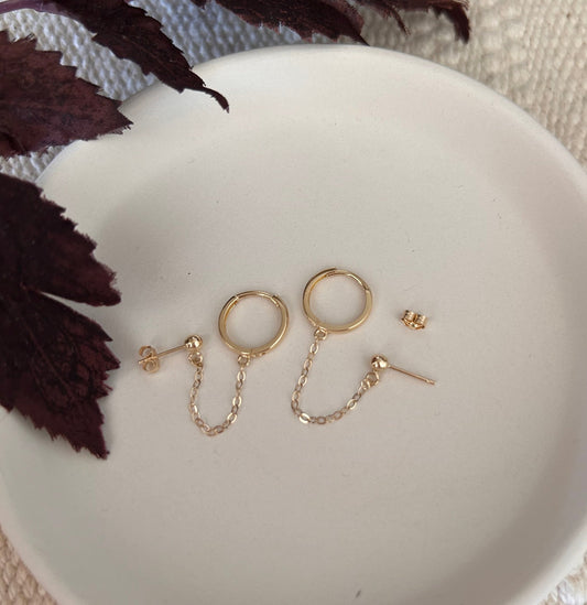 14K Gold Huggie Hoop and Ball Chain Earring | Handcuff Double Piercing Design