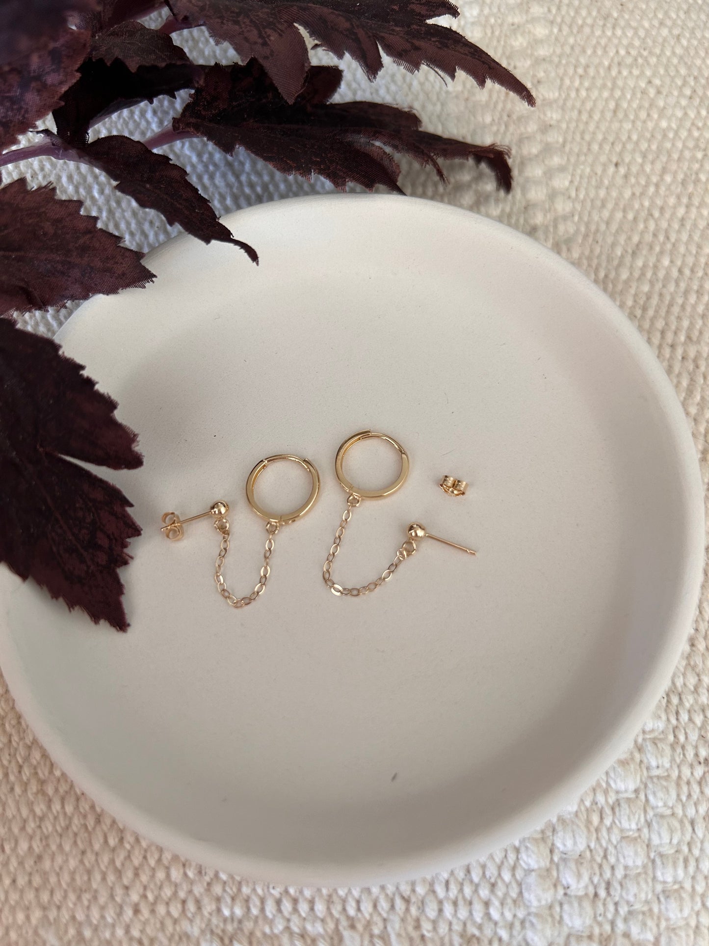 14K Gold Huggie Hoop and Ball Chain Earring | Handcuff Double Piercing Design