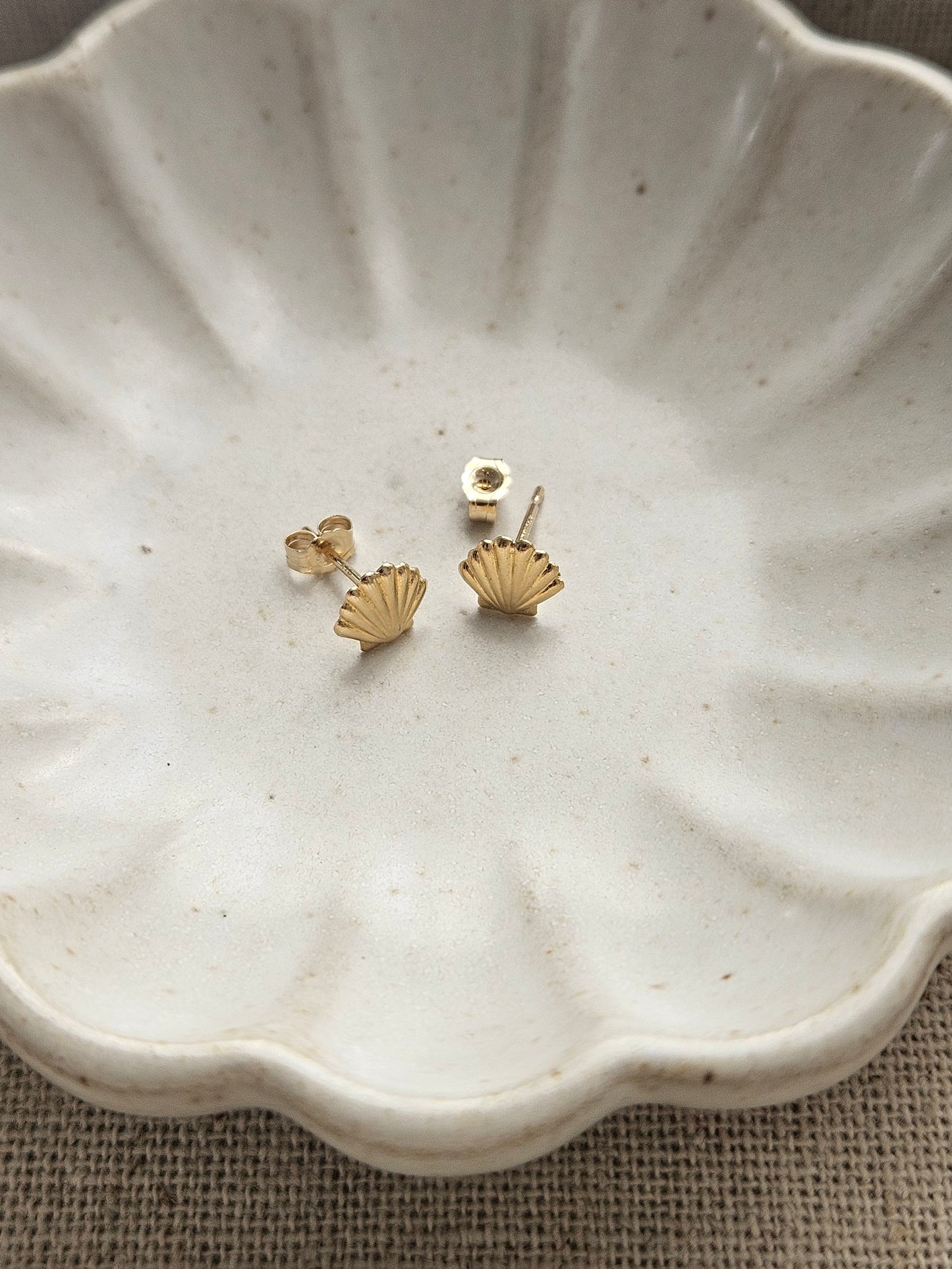 Tiny Seashell Earrings | 14K Solid Yellow Gold | Dainty Coastal Studs