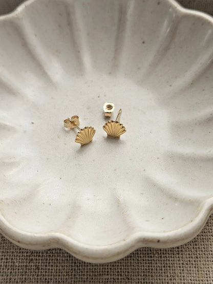 Tiny Seashell Earrings | 14K Solid Yellow Gold | Dainty Coastal Studs