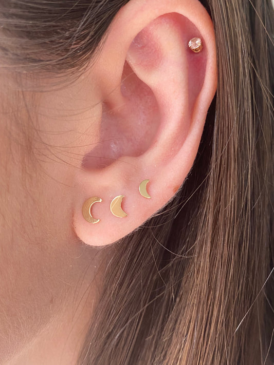 Tiny Crescent Moon Stud Earrings | 14K Solid Yellow Gold