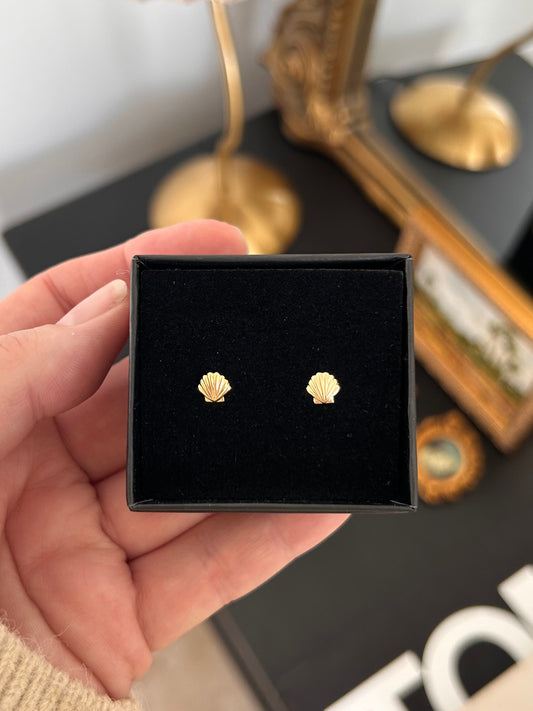Tiny Seashell Earrings | 14K Solid Yellow Gold | Dainty Coastal Studs
