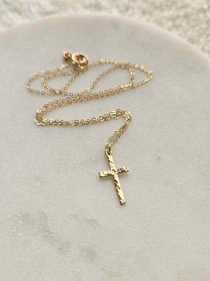 Hammered Cross Necklace | Dainty Vertical Cross Pendant