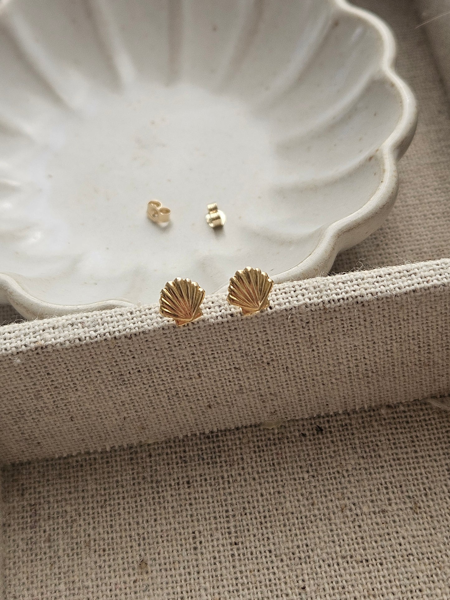 Tiny Seashell Earrings | 14K Solid Yellow Gold | Dainty Coastal Studs