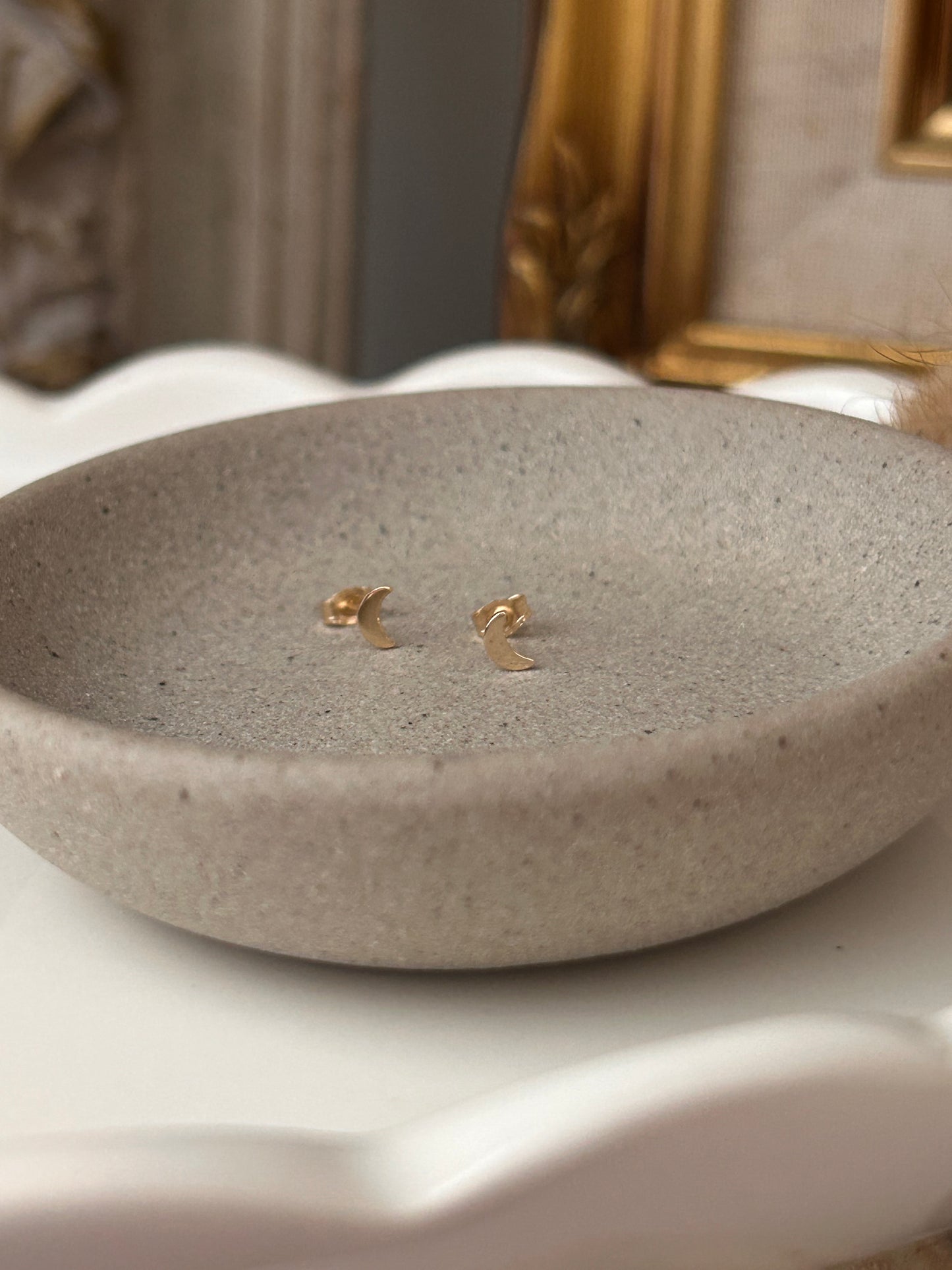 Tiny Crescent Moon Stud Earrings | 14K Solid Yellow Gold