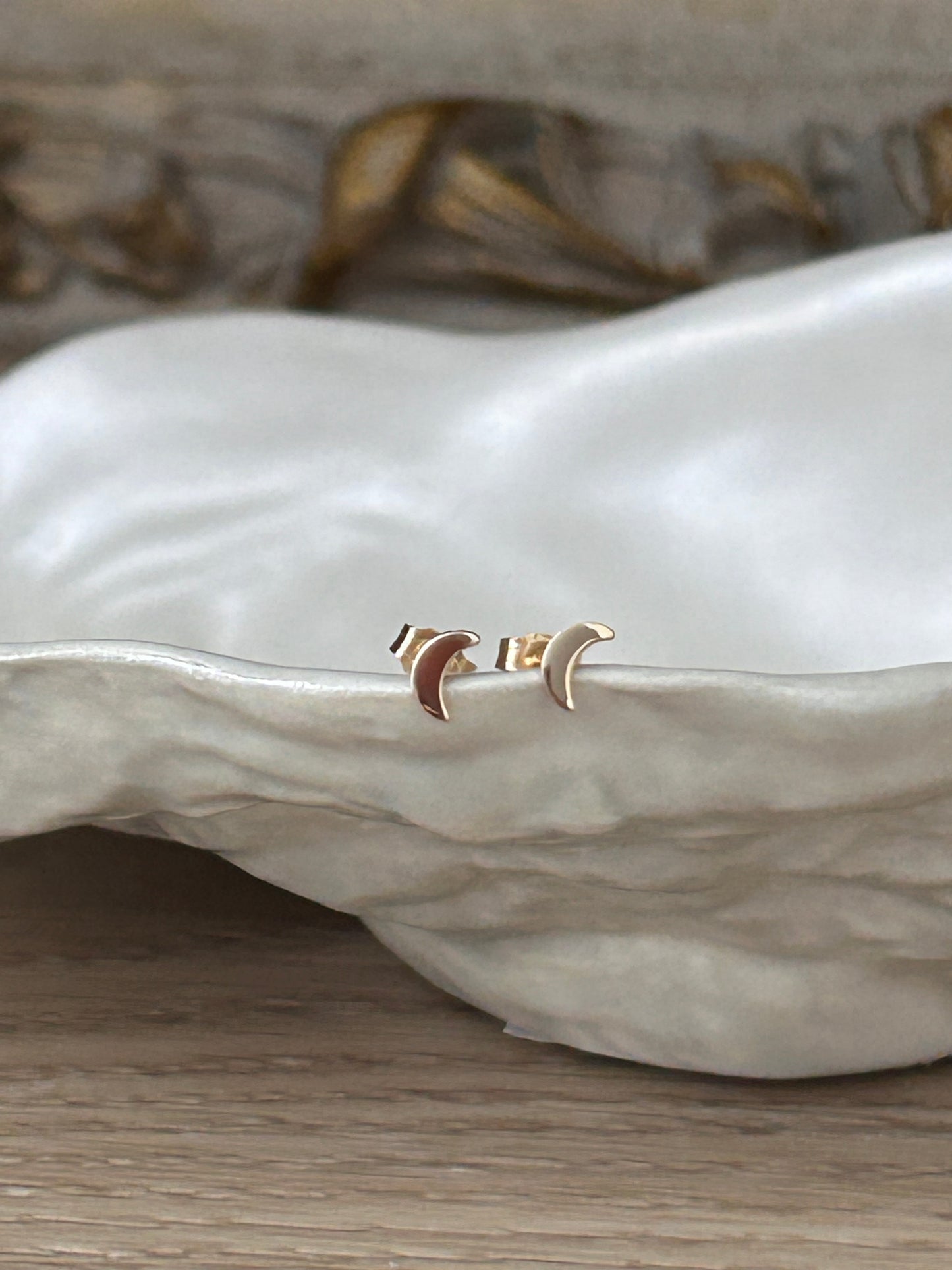 Tiny Crescent Moon Stud Earrings | 14K Solid Yellow Gold