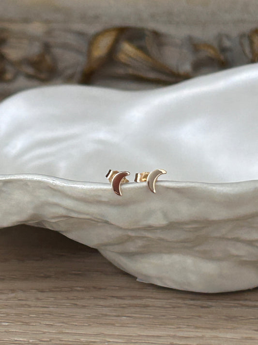 Tiny Crescent Moon Stud Earrings | 14K Solid Yellow Gold