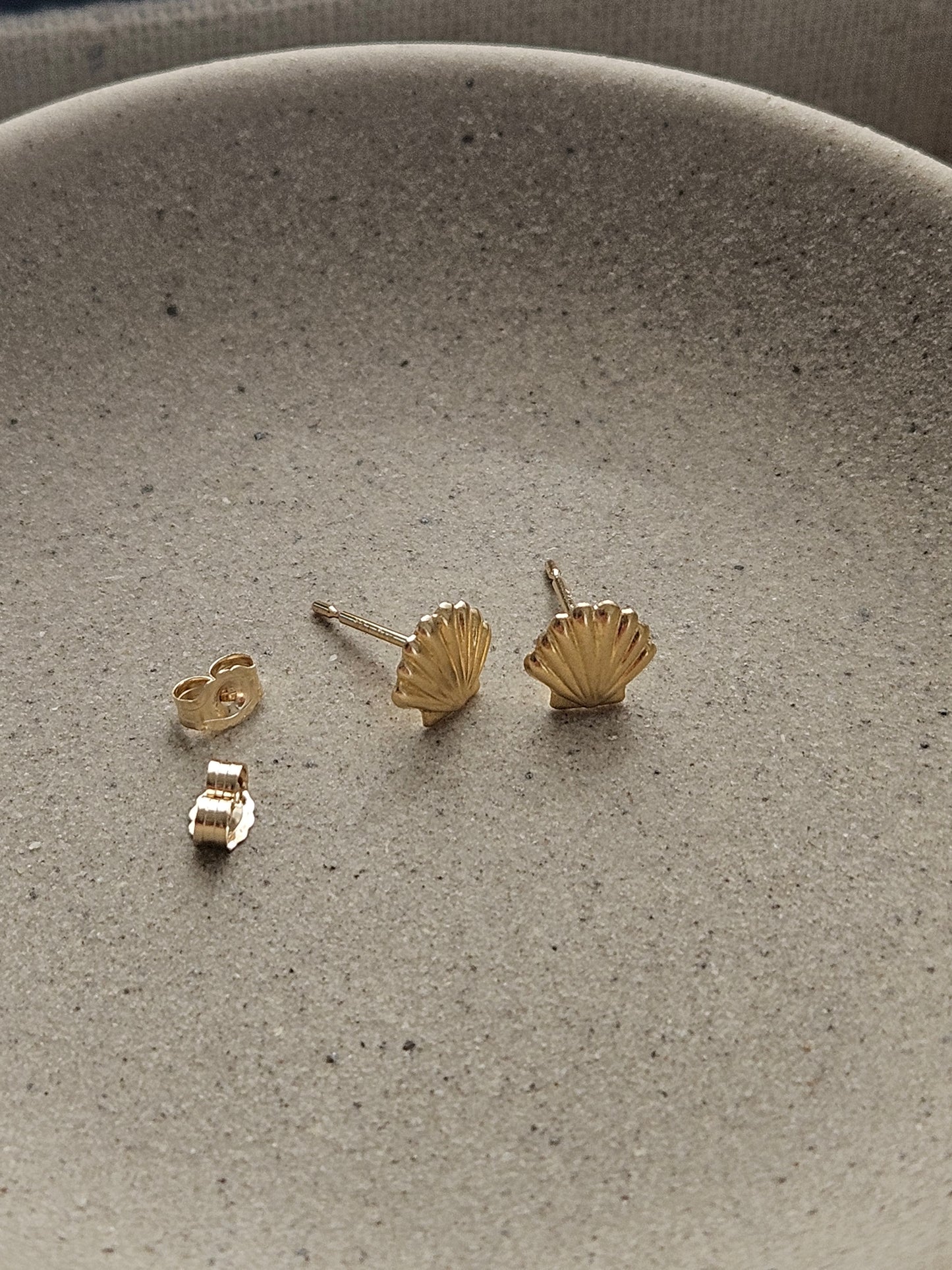 Tiny Seashell Earrings | 14K Solid Yellow Gold | Dainty Coastal Studs