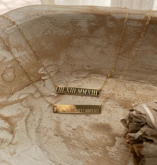 Engraved Roman Numeral Date Bar Necklace | Personalized Gold, Rose Gold & Silver Necklace