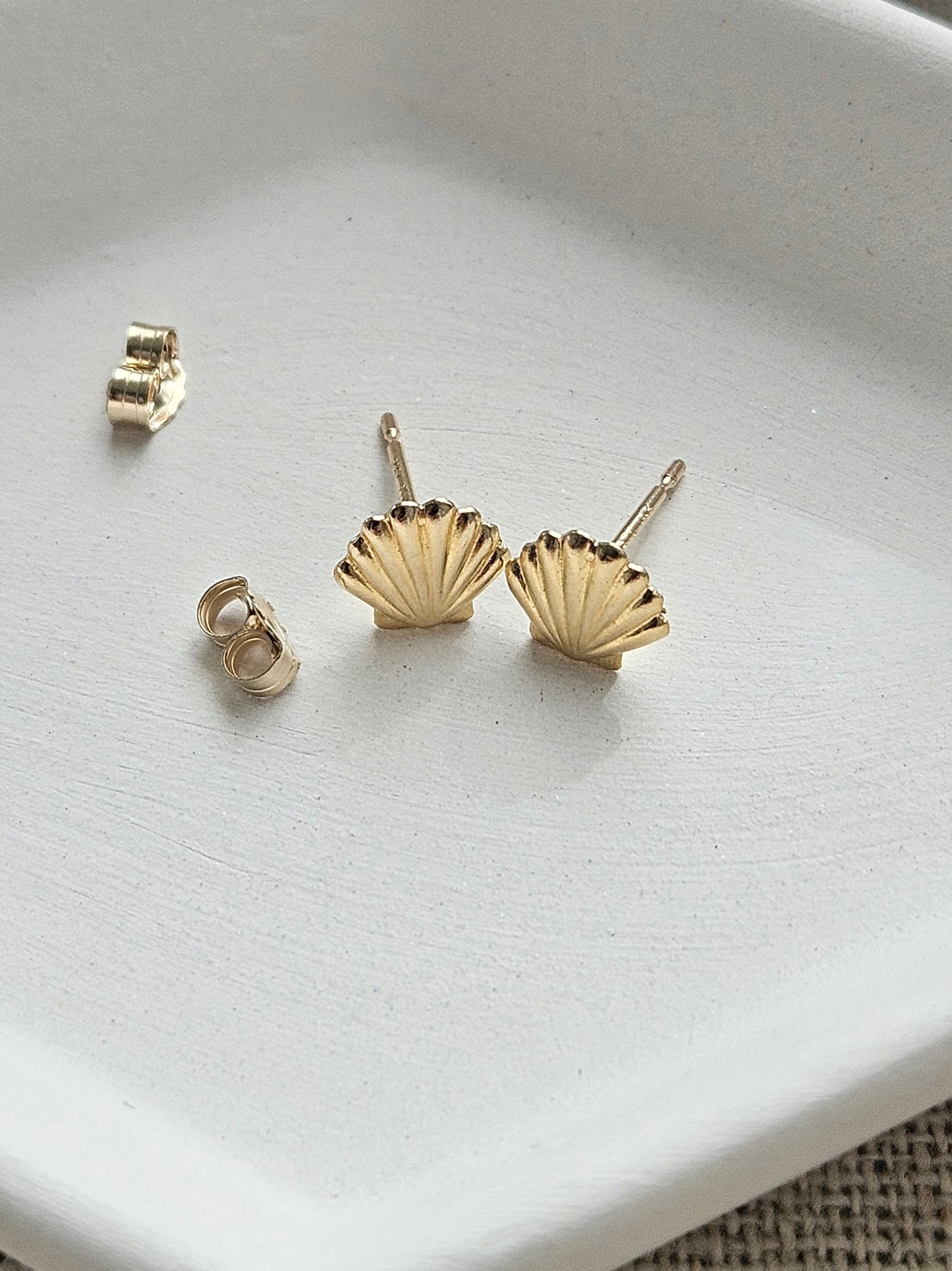 Tiny Seashell Earrings | 14K Solid Yellow Gold | Dainty Coastal Studs