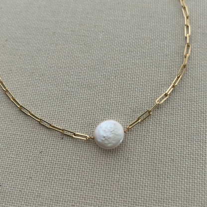 Coin Pearl Necklace on Paperclip Chain | Freshwater Pearl Statement Necklace