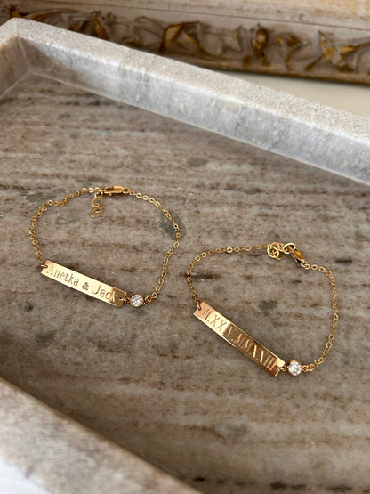 Engraved Bar Bracelet with CZ Accent | Personalized Bar Bracelet