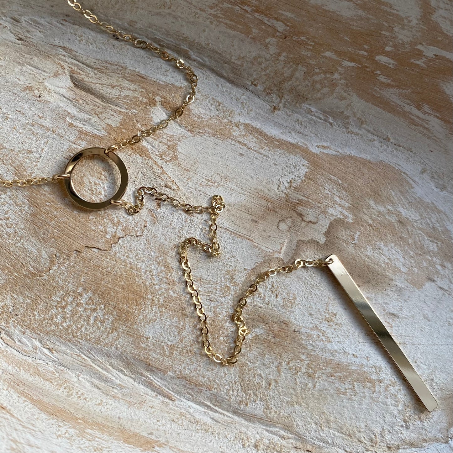 Circle and Bar Long Y Lariat Necklace | Minimalist Layering Jewelry
