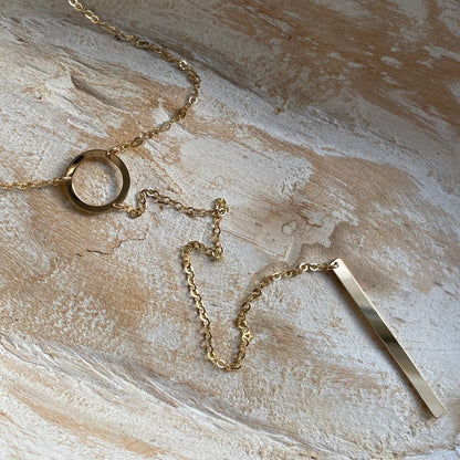 Circle and Bar Long Y Lariat Necklace | Minimalist Layering Jewelry
