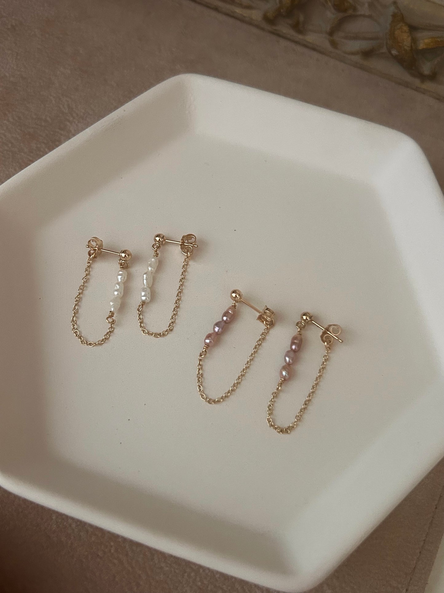 Freshwater Pearl Chain Earrings | White or Pink Pearls | Gold Filled Front-to-Back Earrings